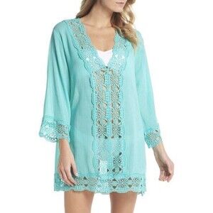 NWT La Blanca Turquoise Island Fare Crochet Trim Tunic Swimsuit Cover Up Sz M
